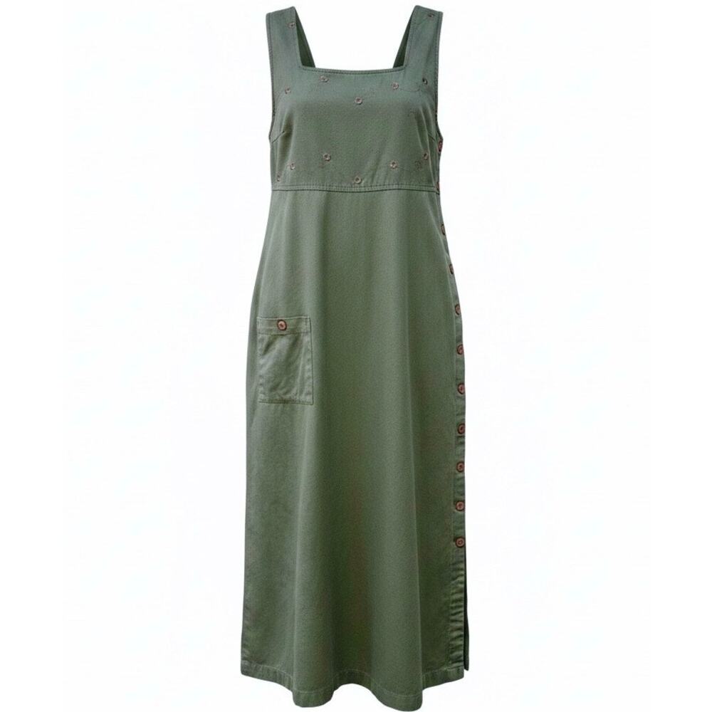 Vintage 90s Blue J Green Cotton Pinafore Overall Dress Embroidered Grunge Small